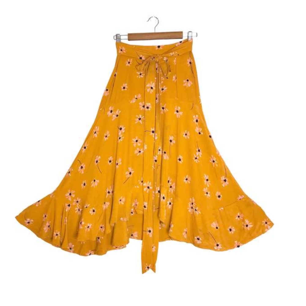 Faithfull the Brand Mustard Yellow Belted Botany Floral Print Flounce Midi Skirt